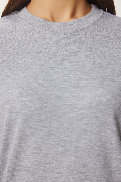 Kadın Gri Melanj Pamuklu Basic Örme T-Shirt AG00001 - Gri Melanj - 5
