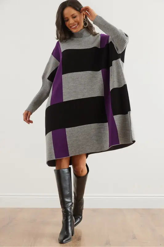 Kadın Gri Mor Ekose Kalın Panço Tunik Elbise ELB-19002323-Gri Mor - OLALOOK