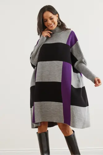 Kadın Gri Mor Ekose Kalın Panço Tunik Elbise ELB-19002323-Gri Mor - 3