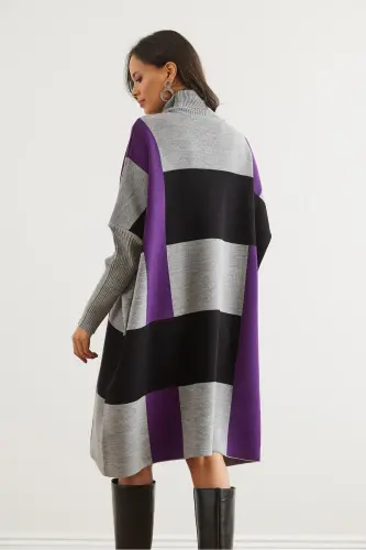 Kadın Gri Mor Ekose Kalın Panço Tunik Elbise ELB-19002323-Gri Mor - 6