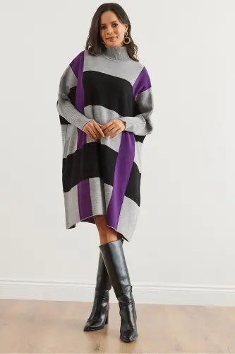 Kadın Gri Mor Ekose Kalın Panço Tunik Elbise ELB-19002323-Gri Mor - OLALOOK (1)