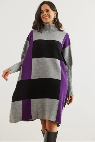 Kadın Gri Mor Ekose Kalın Panço Tunik Elbise ELB-19002323-Gri Mor - 4
