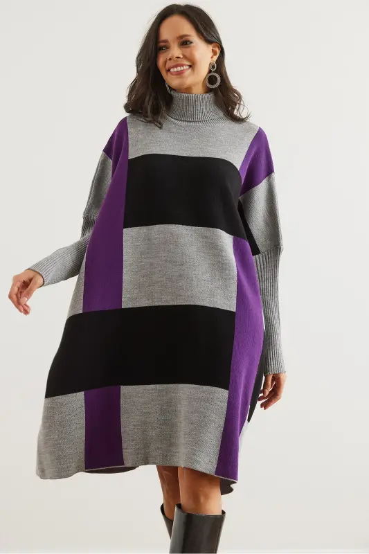 Kadın Gri Mor Ekose Kalın Panço Tunik Elbise ELB-19002323-Gri Mor - 4