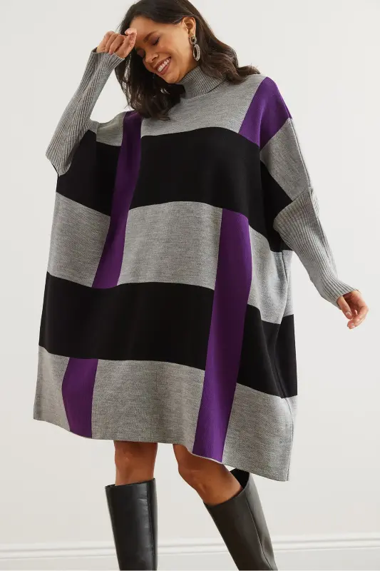 Kadın Gri Mor Ekose Kalın Panço Tunik Elbise ELB-19002323-Gri Mor - 5