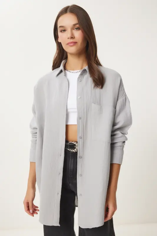 Damen Gri Oversize Basic Müslin Gömlek MX00150 - Ölgrün - 2
