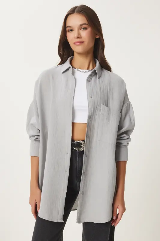 Damen Gri Oversize Basic Müslin Gömlek MX00150 - Ölgrün - 3