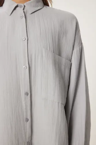 Damen Gri Oversize Basic Müslin Gömlek MX00150 - Ölgrün - 4