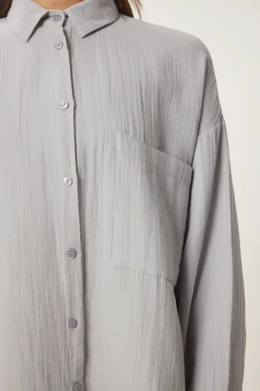 Damen Gri Oversize Basic Müslin Gömlek MX00150 - Ölgrün - 4