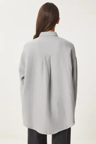Damen Gri Oversize Basic Müslin Gömlek MX00150 - Ölgrün - 5