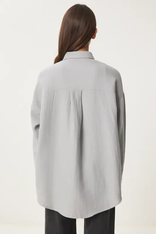Damen Gri Oversize Basic Müslin Gömlek MX00150 - Ölgrün - 5