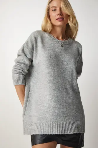 Kadın Gri Oversize Triko Kazak PN00054-Gri - HAPPINESS İSTANBUL (1)