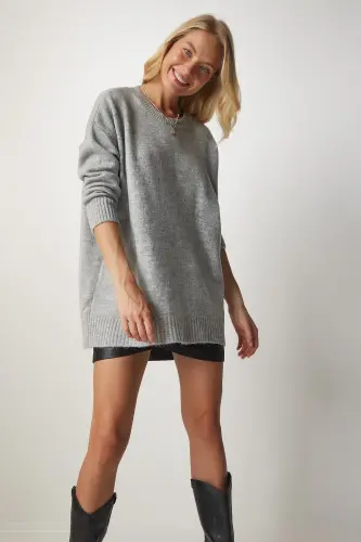 Kadın Gri Oversize Triko Kazak PN00054-Gri - 4