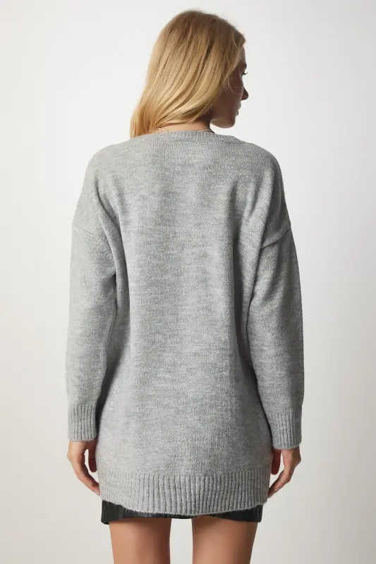 Kadın Gri Oversize Triko Kazak PN00054-Gri - 5