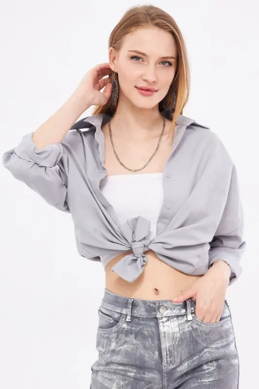 Kadın Gri Oversize Uzun Basic Gömlek ARM-22Y001118 - Gri - 2