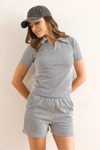 Kadın Gri Polo Yaka Bluzlu Şortlu Takım TKM-19000401 - Gri - 4