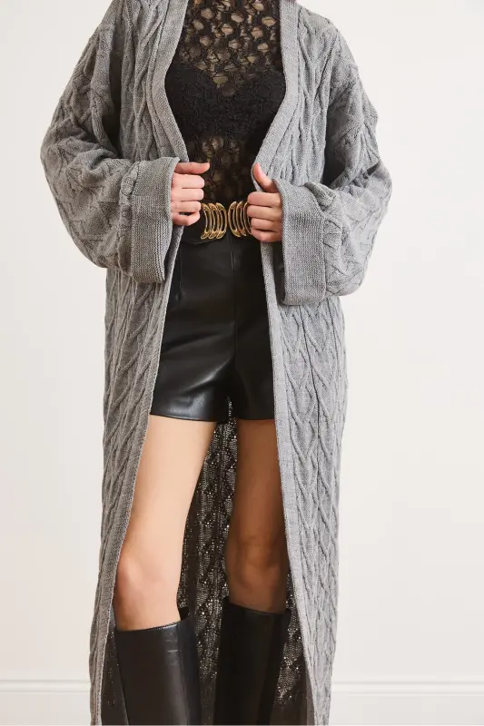 Kadın Gri Saç Örgü Manşet Katlamalı Maxi Triko Hırka HRK-19000327-Gri - 5