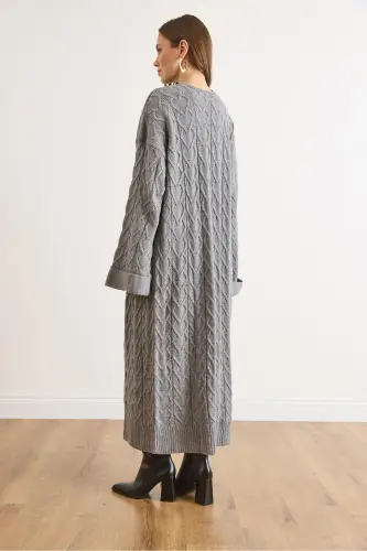 Kadın Gri Saç Örgü Manşet Katlamalı Maxi Triko Hırka HRK-19000327-Gri - 6