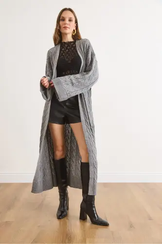 Kadın Gri Saç Örgü Manşet Katlamalı Maxi Triko Hırka HRK-19000327-Gri - 4