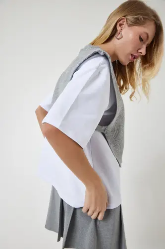 Kadın Gri Süveterli Örme T-Shirt DP00201 - Gri - 5