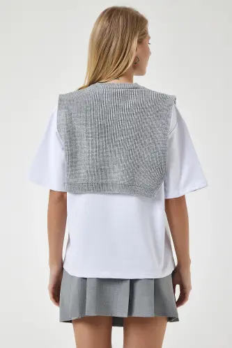 Kadın Gri Süveterli Örme T-Shirt DP00201 - Gri - 7