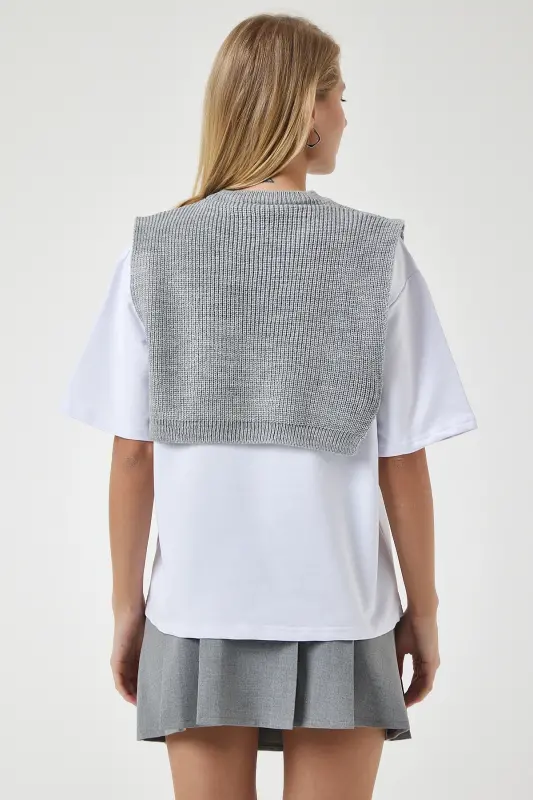 Kadın Gri Süveterli Örme T-Shirt DP00201 - Gri - 7