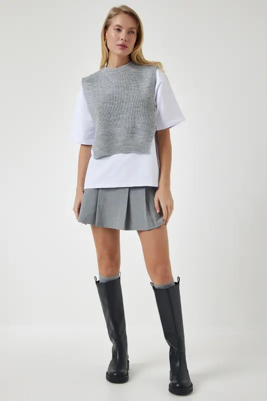 Kadın Gri Süveterli Örme T-Shirt DP00201-Gri - 1