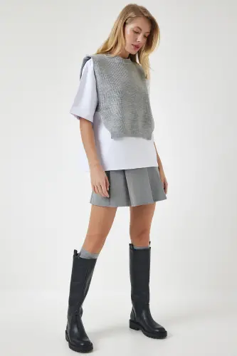 Kadın Gri Süveterli Örme T-Shirt DP00201-Gri - 2
