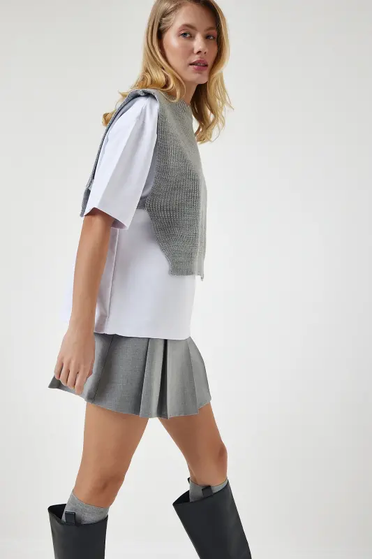 Kadın Gri Süveterli Örme T-Shirt DP00201-Gri - 3