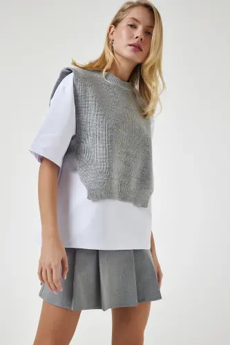 Kadın Gri Süveterli Örme T-Shirt DP00201-Gri - 4