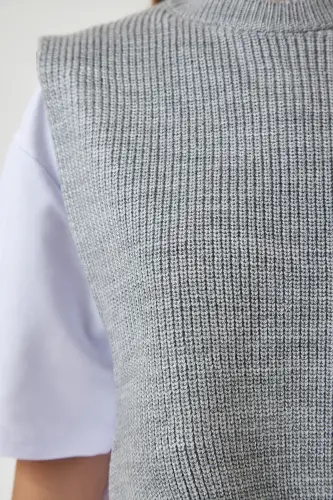Kadın Gri Süveterli Örme T-Shirt DP00201-Gri - 6