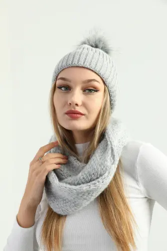 Kadın Gri Triko Ponponlu Bere Ve Örgü Boyunluk Set-Gri - 4