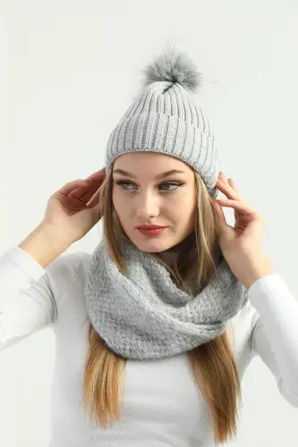 Kadın Gri Triko Ponponlu Bere Ve Örgü Boyunluk Set-Gri - 3