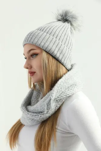 Kadın Gri Triko Ponponlu Bere Ve Örgü Boyunluk Set-Gri - 5