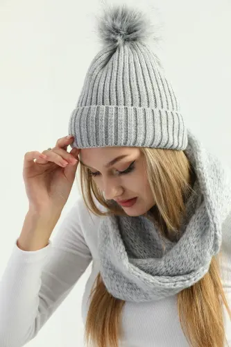 Kadın Gri Triko Ponponlu Bere Ve Örgü Boyunluk Set-Gri - 6