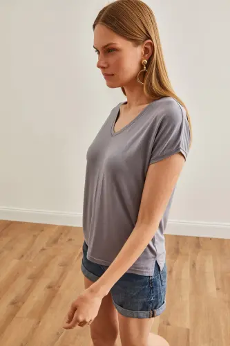 Kadın Gri V Yaka Yarasa Örme Viskon Tişört TSH-19000822-Gri - 3