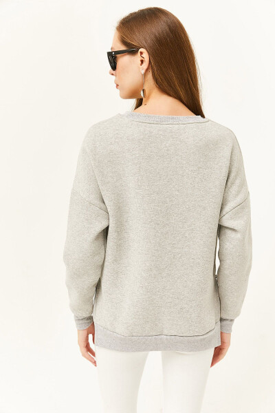 Kadın Gri Yanları Fermuar Detaylı İçi Polarlı Kalın Sweatshirt SWT-19000624-Gri - 6