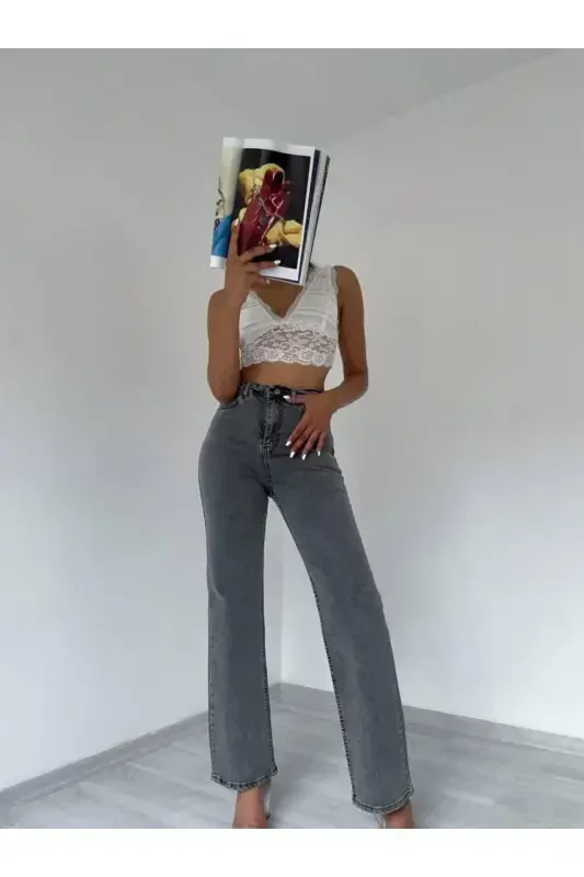 Kadın Gri Yüksek Bel Bol Paça Jeans-GRİ - BROSERER