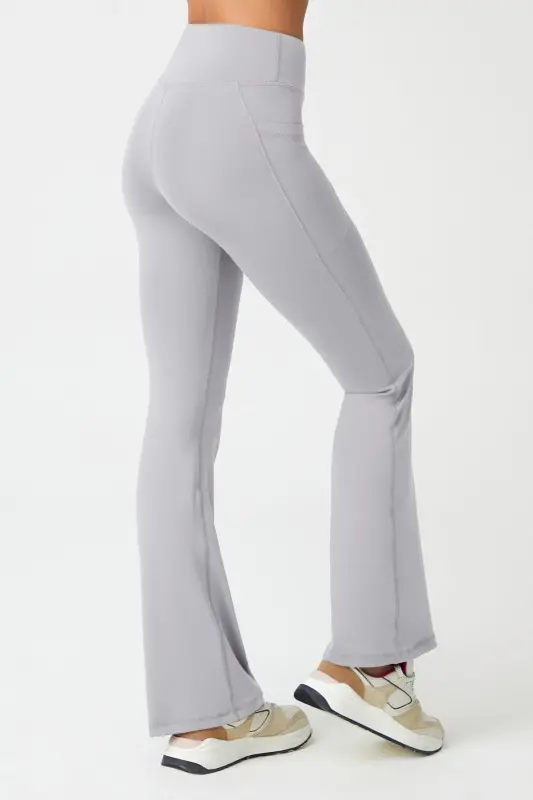 Kadın Gri Yüksek Bel Toparlayıcı Çift Cepli İspanyol Paça Tayt Bootcut - Gri - 1