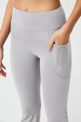 Kadın Gri Yüksek Bel Toparlayıcı Çift Cepli İspanyol Paça Tayt Bootcut - Gri - 6