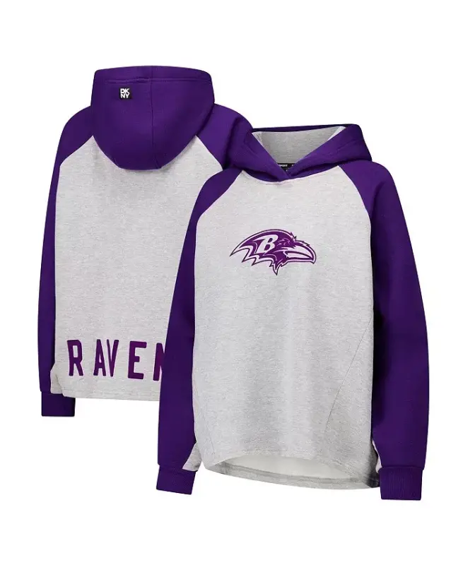 Women's Gray/Purple Baltimore Ravens Joy Cropped Raglan Pullover Hoodie - Gray, Purple - DKNY