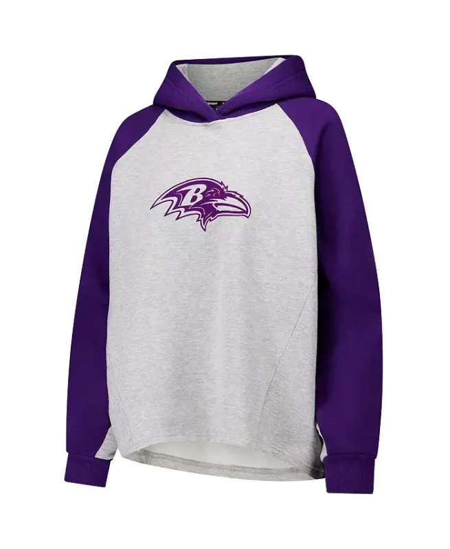 Women's Gray/Purple Baltimore Ravens Joy Cropped Raglan Pullover Hoodie - Gray, Purple - 3