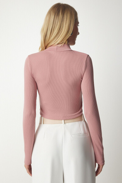 Kadın Gül Kurusi Dik Yaka Fitilli Kaşkorse Crop Bluz ub00165 - 5