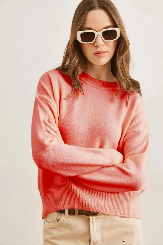 Kadın Gül Kurusu Altı Oval Bisiklet Yaka Basic Triko Kazak KZK-19000914-Gül Kurusu - 2