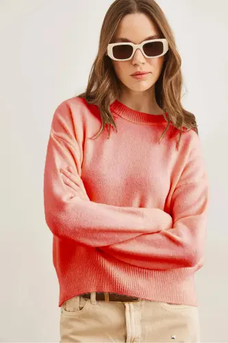 Kadın Gül Kurusu Altı Oval Bisiklet Yaka Basic Triko Kazak KZK-19000914-Gül Kurusu - OLALOOK (1)