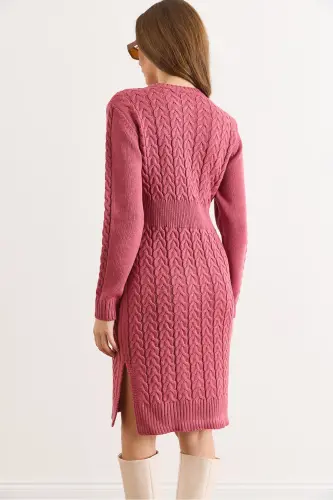 Kadın Gül Kurusu Beli Bantlı Yırtmaçlı Saç Örgü Mini Elbise ELB-19002289-Gül Kurusu - 3