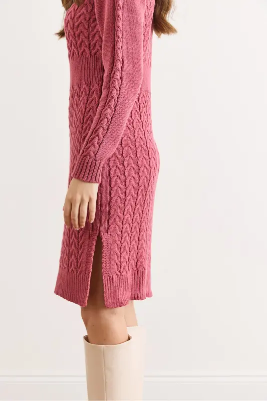 Kadın Gül Kurusu Beli Bantlı Yırtmaçlı Saç Örgü Mini Elbise ELB-19002289-Gül Kurusu - 4