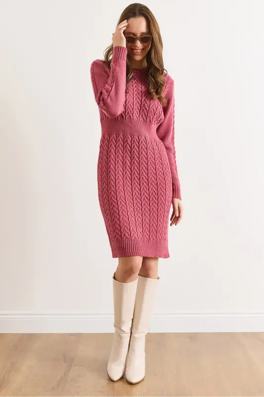 Kadın Gül Kurusu Beli Bantlı Yırtmaçlı Saç Örgü Mini Elbise ELB-19002289-Gül Kurusu - OLALOOK