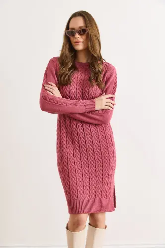 Kadın Gül Kurusu Beli Bantlı Yırtmaçlı Saç Örgü Mini Elbise ELB-19002289-Gül Kurusu - 5