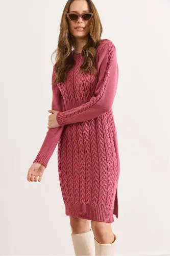 Kadın Gül Kurusu Beli Bantlı Yırtmaçlı Saç Örgü Mini Elbise ELB-19002289-Gül Kurusu - 6