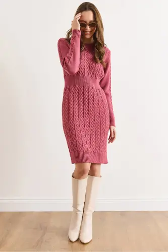 Kadın Gül Kurusu Beli Bantlı Yırtmaçlı Saç Örgü Mini Elbise ELB-19002289-Gül Kurusu 